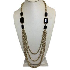 Gold Tone Bib Triple Chain & Black Faceted Stone Statement Necklace (1913)